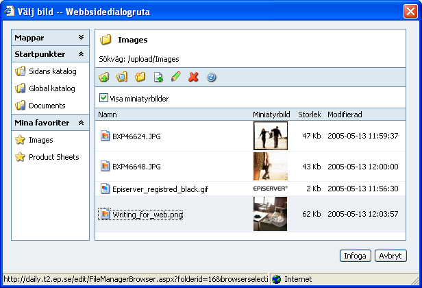 Att arbeta med informationen 41 Infoga bilder För att du skall kunna visa bilder på en sida måste bilden lagras på webbservern.