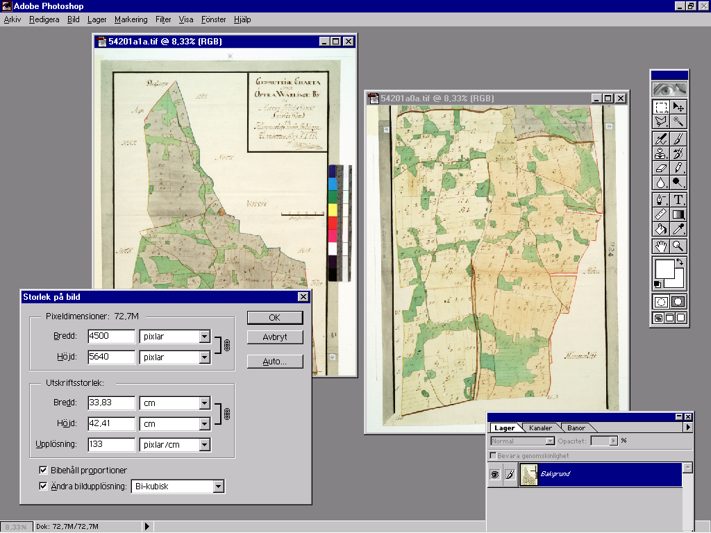 Montera ihop en karta som är scannad i flera delar De äldre storskaliga kartorna är inte sällan omfångsrika dokument. Detta gör det ofta nödvändigt att scanna dem i flera delar.
