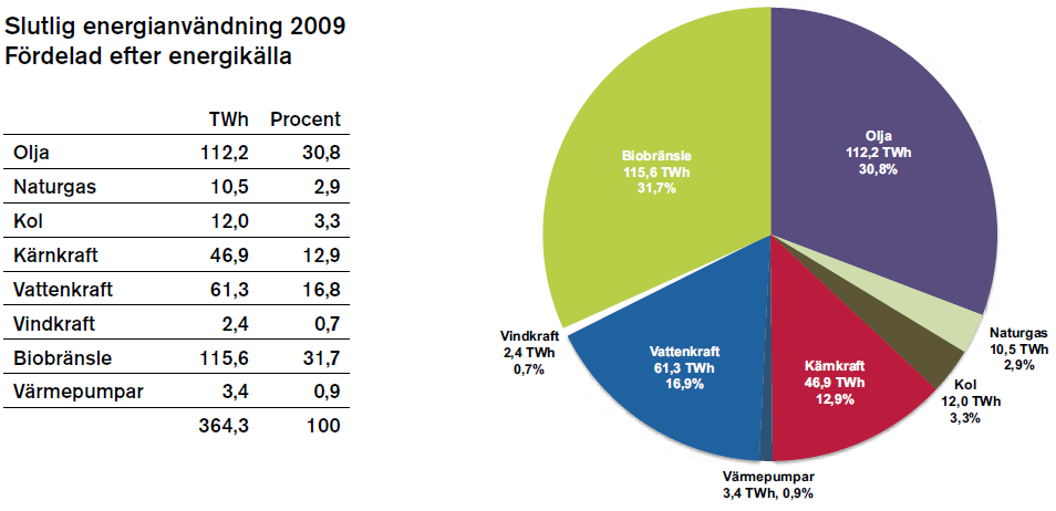 I cirkeldiagrammet nedan presenteras slutanvändningen av energi i Sverige. Diagrammets värden får inte förväxlas med total energianvändning som är en annan typ av energibeskrivning.