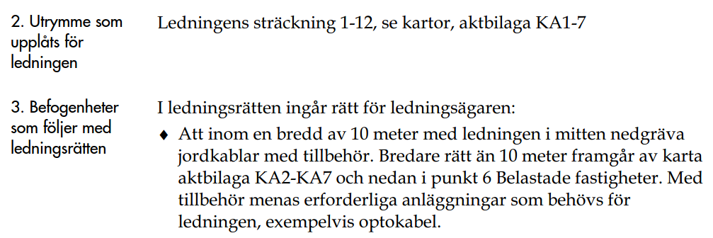 Figur 11. Utvald del av beskrivningen från akt 1291-2367 Kommentar: Uppdelningen av arbetsområde och ledningsrättsområde är tydlig och skapar ingen osäkerhet.