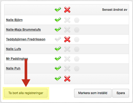 Sida 108/204 Kan jag nollställa en lektions registreringar? Om du klickar på knappen Ta bort alla registreringar så kommer de att försvinna och du kan börja om från början.