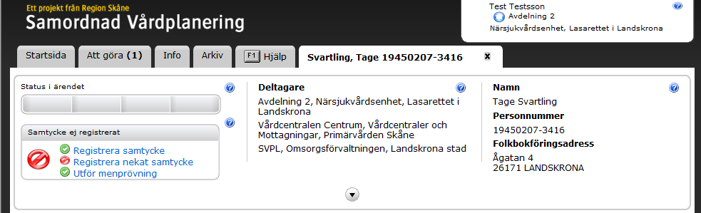 4. Skapa nytt ärende och Inskrivning (SV) 4.1 Skapa nytt ärende Endast användare i slutenvården kan skapa nya ärenden i SVPL. Klicka på Skapa nytt ärende. Skriv i personnummer på aktuell patient.