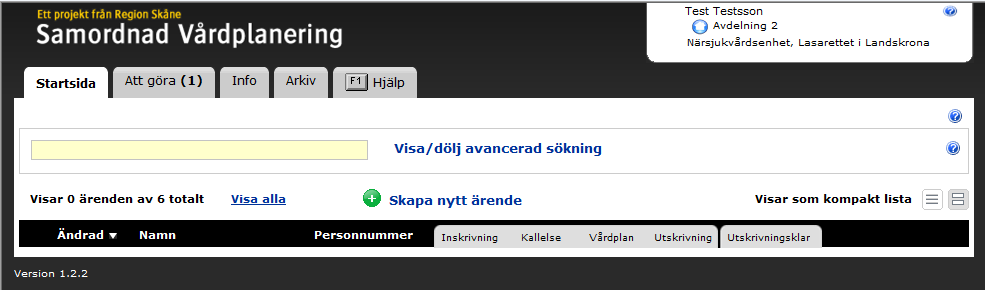 2. Startsida 2.1 Byte av enhet På startsidan visas aktuell användare i högra övre hörnet.