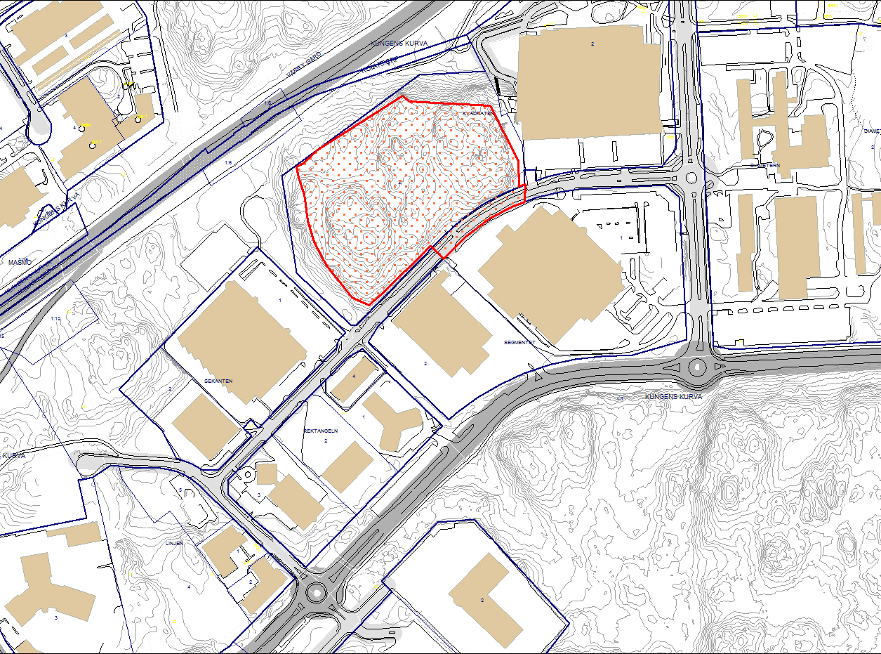 Sammanfattning Planområdet inom Kvadraten skrafferat, Heron City till höger Planens syfte och huvuddrag Den nya detaljplanen ska ge förutsättningar för uppförande av bebyggelse, innehållande