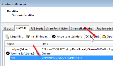 När du är klar med kopieringen av den personliga mappen kopplar du bort den från Outlook. (Själva filen ligger fortfarande kvar på datorn.