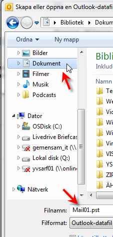 på/öppna mappen Dokument Skriv du vad du vill att filen ska heta