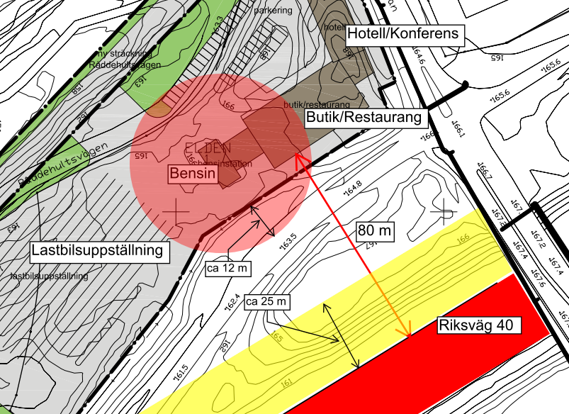 Figur 5.4. Individriskbidrag från bensinstation och riksväg 40. I Figur 5.4 åskådliggörs resultatet från Figur 5.1 och Figur 5.3.