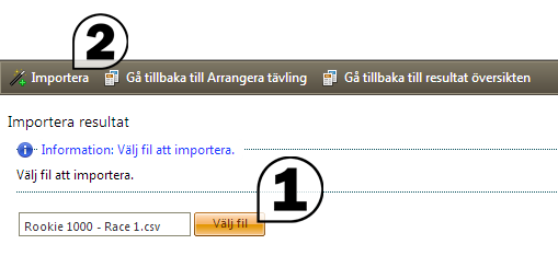 Importera resultat från tidtagningssystem eller annan källa För att importera resultat från tidtagningssystem klickar du på knappen Importera resultat.