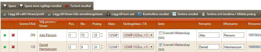 Om en förare saknar tävlingsklass, klicka då i drop-down menyn i kolumnen Tävlingsklass i TA och välj tävlingsklassen.