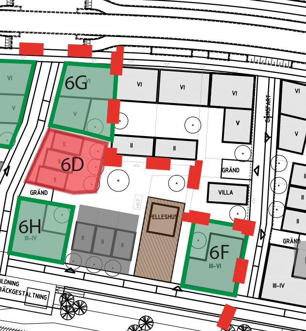 Tilldelningsområden i del av kvarter 6 Kvarter 6 Uppskattat antal BTA och lgh Antal fastigheter och byggherrar Upplåtelseform Upplysning 6F ca 1 200 m² BTA ca 10-15 lgh 1 fastighet 1byggherre Valfri