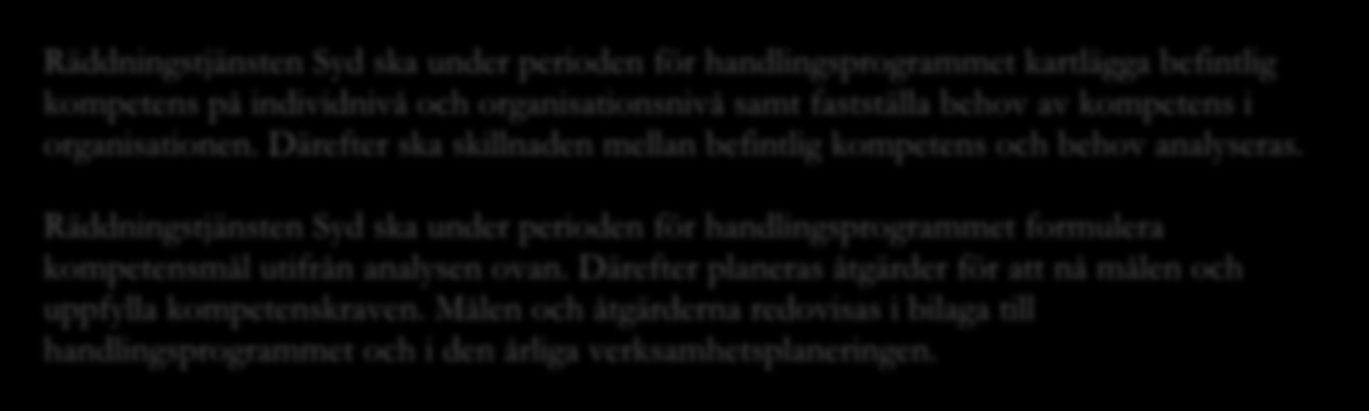 6. Strategisk kompetensförsörjning "Räddningstjänsten Syds värdegrund anger att vi ska vara en lärande organisation, som uppmuntrar och bidrar till att integrera lärandet i det dagliga arbetet.