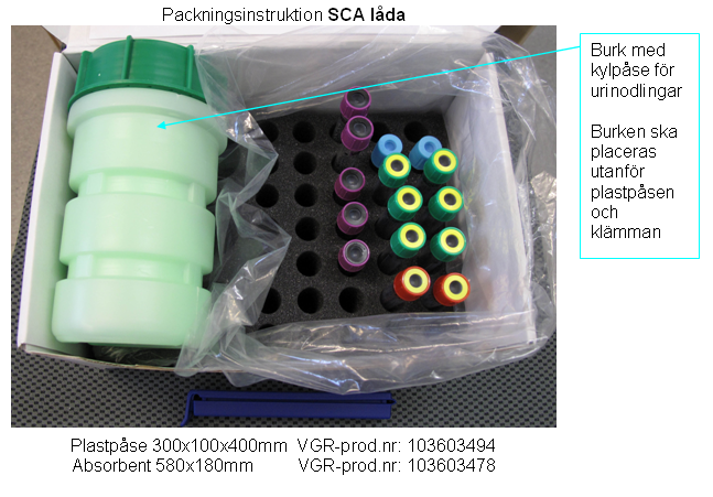 4 (6) Packning SCA-lådan - Placera plastpåsen med absorbenten i lådan. - Ställ skumplaststället ovanpå absorbenten. I skumplaststället ställs alla blod- serum- och plasmaprover.