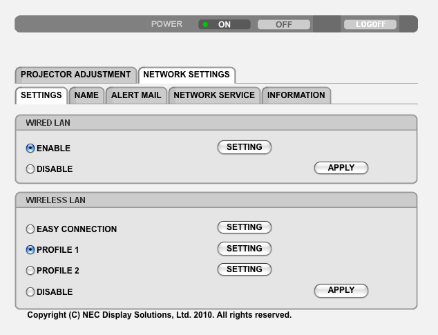 3. Behändiga funktioner NÄTVERKSINSTÄLLNINGAR SETTINGS WIRED eller WIRELESS SETTING APPLY DHCP ON DHCP OFF IP ADDRESS SUBNET MASK GATEWAY AUTO DNS ON AUTO DNS OFF Inställning för WIRED LAN ENABLE