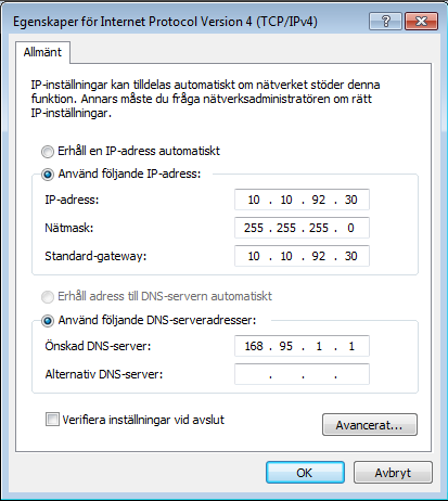 4. Klicka på IP-version 4 (TCP/IPv4) och klicka på egenskaper. 5. Välj Använd följande IP-adress. 6. Ange IP-adress, Subnet prefixlängd och standardnätbrygga.