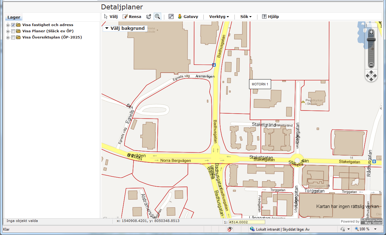 MapGuide2012 Karta i WGS84 Bakgrunder från externa källor Skövdes data SW99 13:30: Byggnader,