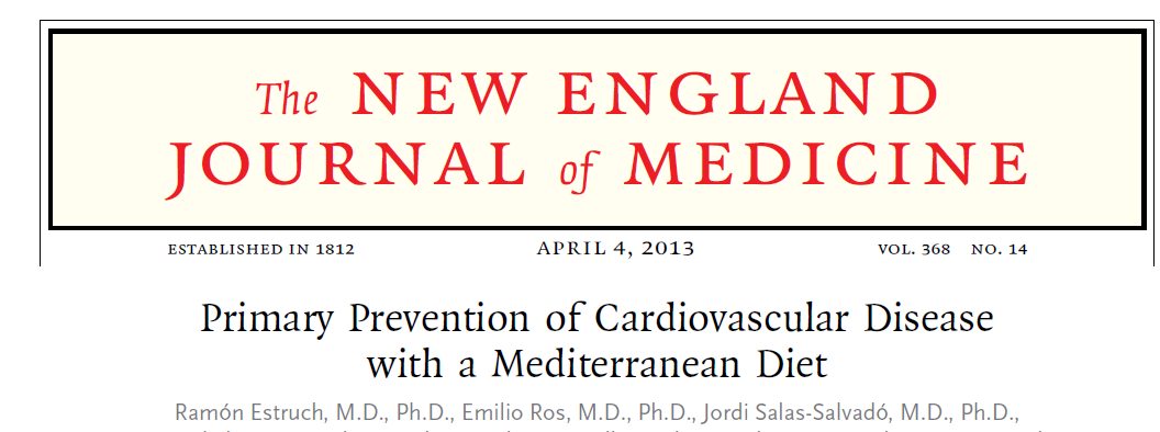 PREDIMED Prevention av CVD med Medelhavskost 55-80 år, n = 7 447, Spanien år 2003-2009 Hög hjärtkärlrisk eller DM BMI 30 kg/m2, Midja 100cm, DM 48%,