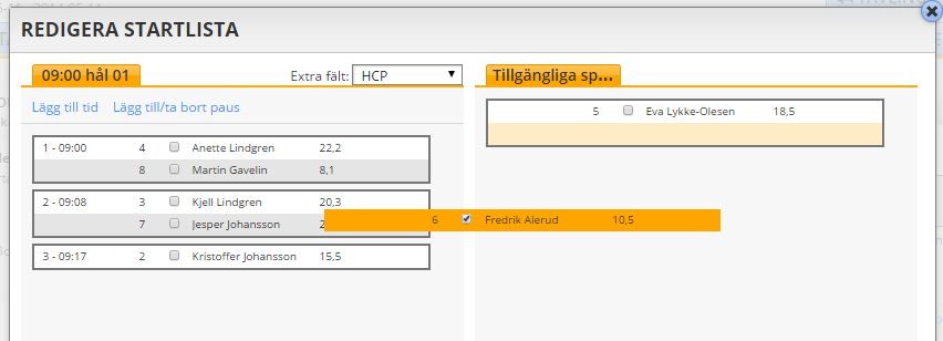 Redigera startlista Personer flyttas med drag and drop, antingen mellan