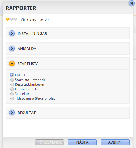 Startlistor - rapporter Etiketter