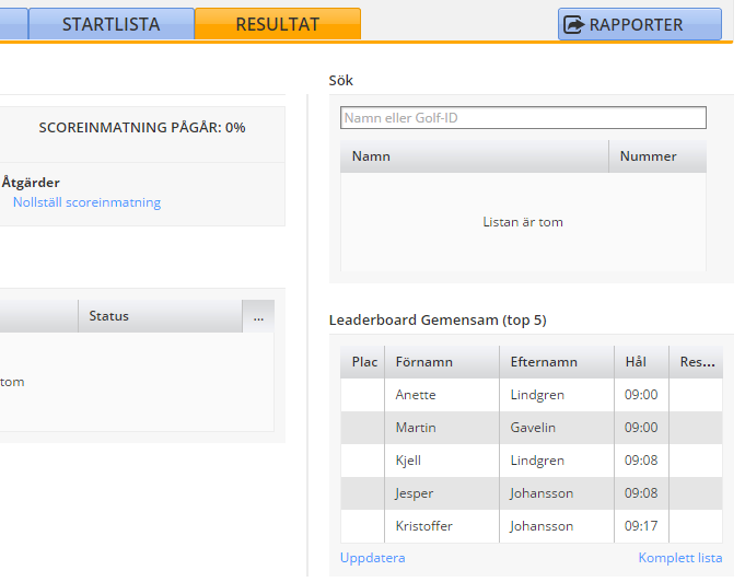 Scoreinmatning sker genom att antingen söka på spelarnamn eller golf-id. Går även bra att välja spelare under Leaderboard.