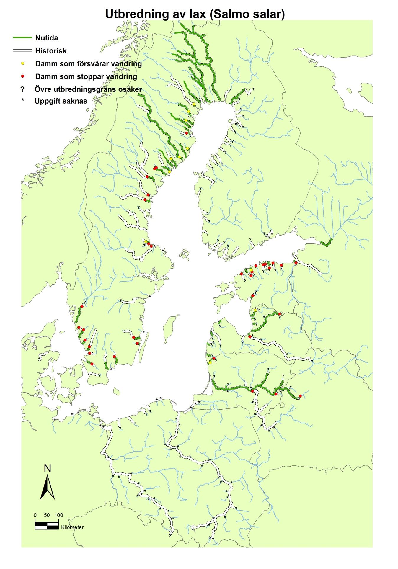 Figur 1. Nutida och historisk utbredning av lax i vattendragen inom Östersjöns avrinningsområde.