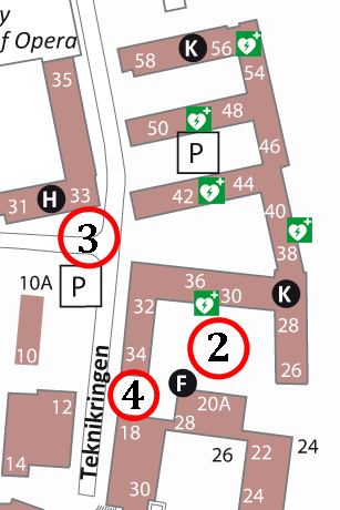 Återsamlingsplats vid utrymningslarm: Gäller för: 1 Parkeringsplats bakom YKI-huset Drottning Kristinas Väg 51 (hus 90:1) 2 Kemigården framför Teknikringen 30 Teknikringen 26-36 (hus 43:15) 3 4