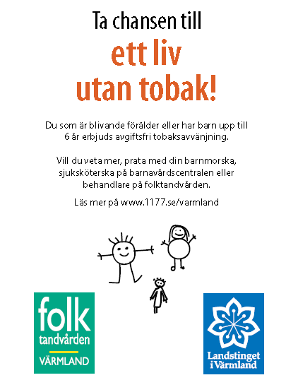 Aktuellt Tobaksfri uppväxt barn 0 6 år Text: Cristina Gillå och Eva Nilsson Vi vill påminna erbjudandet om avgiftsfri tobaksavvänjning för alla blivande föräldrar och småbarnsföräldrar.