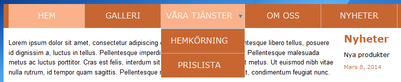 25 skulle fungera som rullgardinsmeny vilket betyder att underrubrikerna är gömda tills man flyttar muspekaren över huvudrubriken.