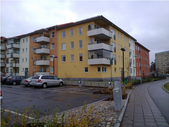 Figur 2. Tävlingsbyggnaden, Huge Fastigheters flerbostadshus på Kansliet 1 i Huddinge. Foto: Per Levin. Flerbostadshus Stockholm Flerbostadshusen kv Blå Jungfrun resp.