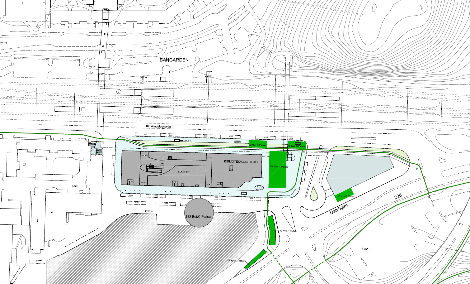 med Huddingevägen. En förbindelse skapas över busstorgets östra del för att koppla stråket längs KP Arnoldssons väg med stråket mot Storvreten. Tumbaterrassen nås söderifrån från Gröndalsvägen.