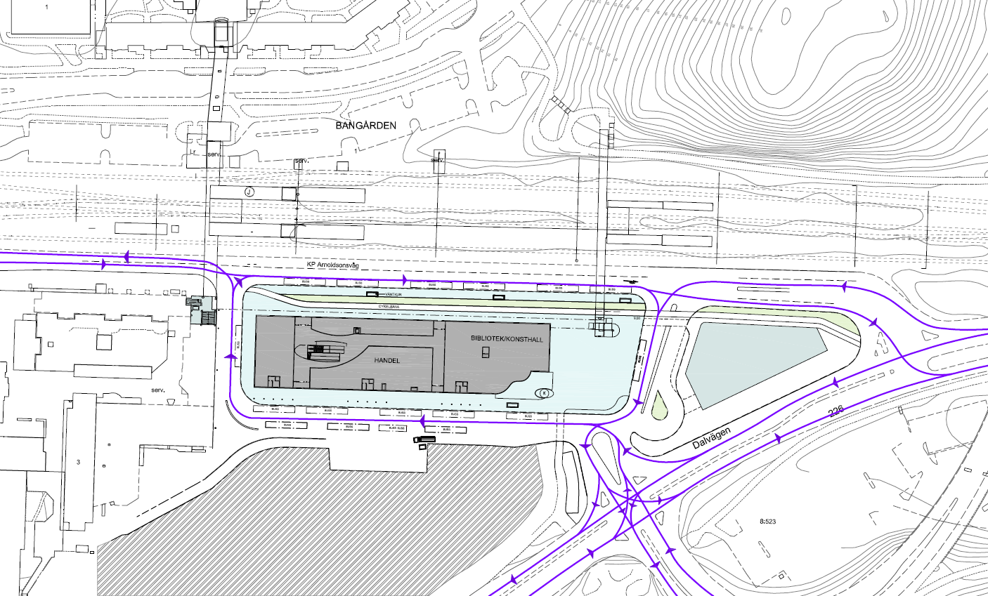 För bostäderna längs Gröndalsvägen och på Tumbaterrassen anordnas parkering i garage. Antalet platser uppgår till 240.