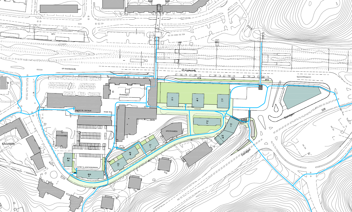 3 Genomgång per trafikslag 3.1 Gång Figur 1 Gångtrafik Gångvägnätet anpassas i de delar av planområdet som berörs av ny bebyggelse. Nya förbindelser öppnas i anslutning till Tumbaterrassen.