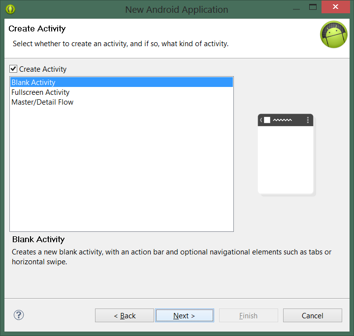 7. Låt Create Activity vara ikryssat och Blank Activity vara förvalt.