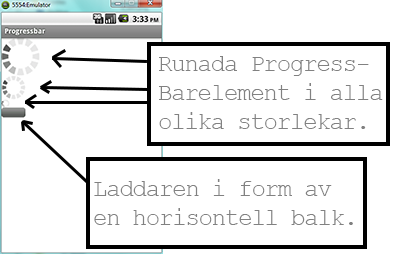 11 Figur 7. Demonstration av ProgressBarelementet och dess stilar. ScrollView är ett element som används för att flytta innehåll in och ut ur mobiltelefonens vy.