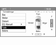20 Grundfunktioner Om du vill justera volymbalansen mellan bilens främre och bakre högtalare väljer du menyalternativet Fade. Justera inställningen enligt önskemål.