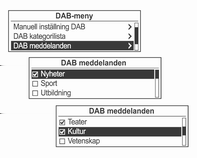 Radio 97 FM- eller AM-meny FM- eller AMstationslista FM- eller DAB-meny FM- eller DABkategorilista DAB-meny DAB-meddelanden Vrid på multifunktionsknappen från FM-meny eller AM-meny för att välja FM