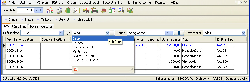 överblick, kan du avgränsa på typer av lagerposter, detta gör du genom att välja i rullningslistorna över tabellen.