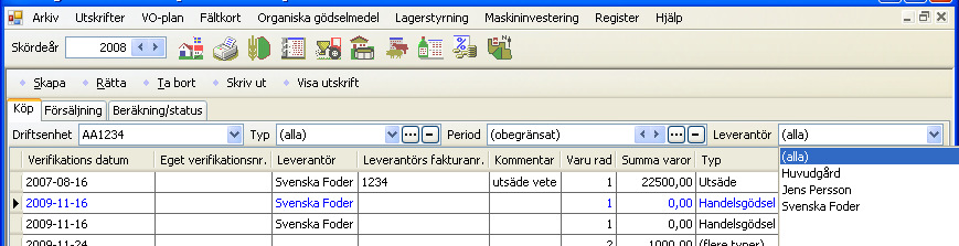 fliken Köp För att registrera ett nytt inköp väljer du Skapa En följesedel öppnas, här registreras de insatsmedel som köpts vid detta inköpstillfälle.