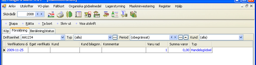 Registrering av försäljning Alla registreringar som berör inköp sker på fliken Försäljning För att registrera en ny försäljning väljer du Skapa En följesedel öppnas, här registreras de insatsmedel