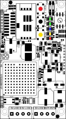 Lysdioder huvudkretskort Grön t = Power on Grön d = GSM-signalstyrka Blå = GPRS-status Gul = Meddelande skickas Röd = Fel 10. Lägesbrytare Väljer land och GSM-nät. (Kontrollera med leverantör) 11.