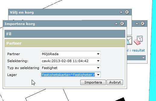Under Lager ange vilket lager ni vill selektera objekt från. Vanligast är lagret Tyngdpunkter eller Fastigheter och Samfälligheter (fastighetsytorna från Fastighetskartan).