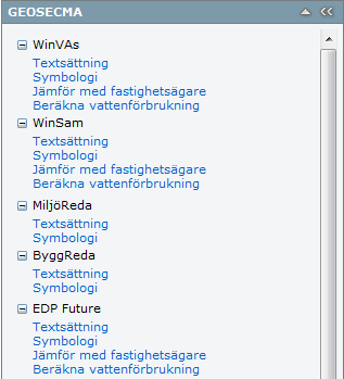 Verktygen i GEOSECMA Panelen I GEOSECMA panelen i webbapplikationen finns ett antal verktyg tillgängliga. Vissa EDP system har fler verktyg än andra. Gemensamt för alla är Textsättning samt Symbologi.