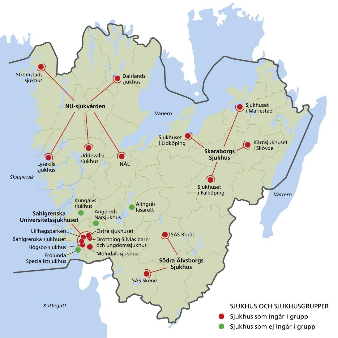 Fyra sjukhusgrupper: Sahlgrenska Universitetssjukhuset Skaraborgs Sjukhus NU-sjukvården Södra Älvsborgs Sjukhus