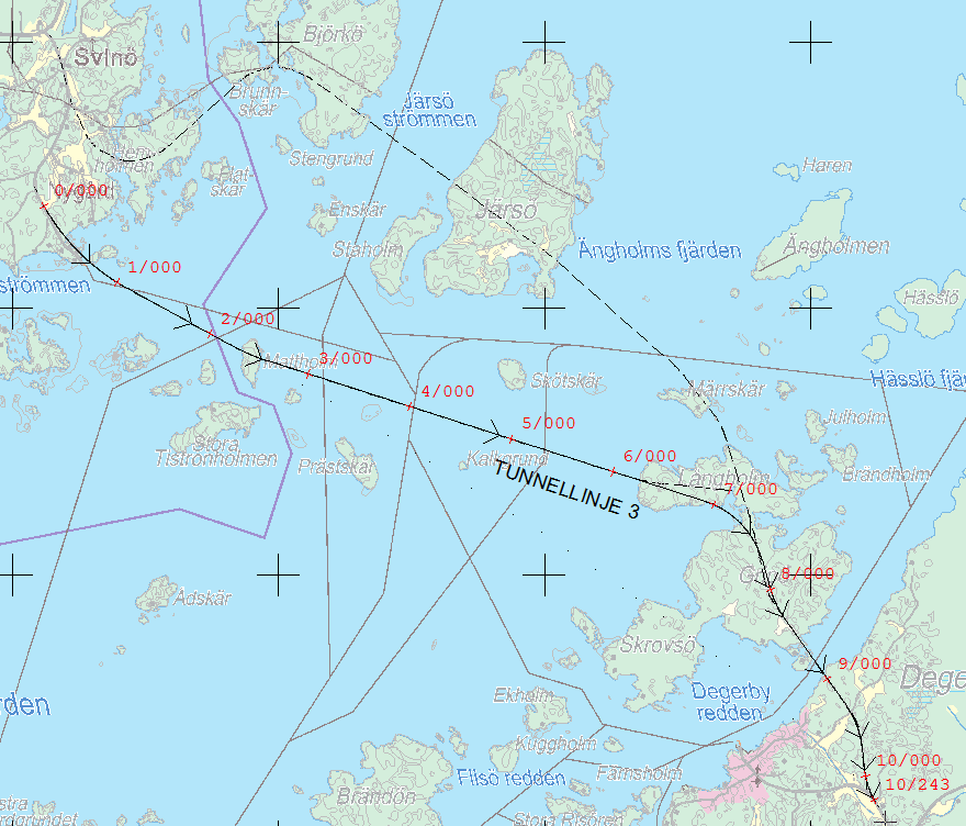 Tunnellinje 3, d.v.s. endast tunneldelen, redovisas separat i Figur 2-2 nedan med egen längdmätning mellan 0/000-10/243 m.