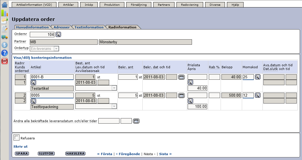 Senast uppdaterat: 12-03-28 Exder Proceedo 6.1 Sida 16 av 31 Oavsett hur ni tar fram er order kommer ni till skärmen ovan där orderinformationen visas. Under fliken Huvudinformation kan ni se bl.a. orderdatum, orderstatus och ordertyp.