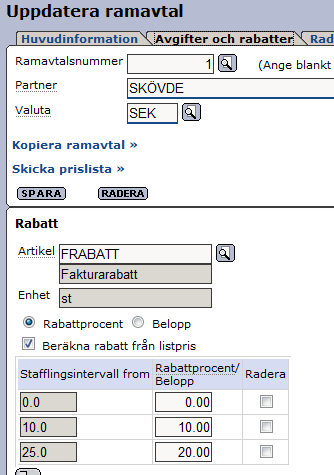 Ny inställning för beräkning av kvantitetsrabatt i ramavtal till Axfood Möjlighet finns nu att låta procentbaserad orderrabatt/kvantitetsrabatt beräknas ifrån listpris snarare än avtalat pris.