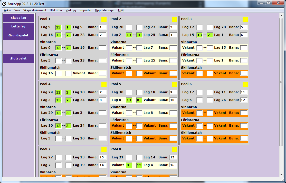 8.2 Pool, Cirkelpool, Mayopool Genom att klicka på Grundspelet får man fram bilden nedan. 8.2.1 Inmatning av matchresultat Klicka i ett av inmatningsfälten och skriv in lagets resultat.