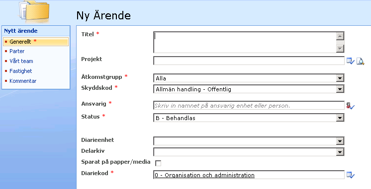 255 (413) Figur 10 Exempel på registratorsskrivbord När ett nytt ärende skapas eller redigering görs i ett befintligt kommer man till den s.k. inmatningsbilden.