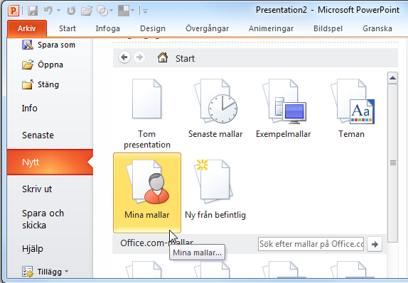 Skapa mallar och teman - Spara mall Spara mall När du sparar en mall med filtypen Presentationsmallar, placeras den bland PowerPoints övriga mallar, såvida du inte anger att den ska sparas på något