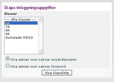 2. Klicka på länken Skapa inloggningsuppgifter för elever. 3. Välj en eller flera klasser i listan (genom att hålla CTRL-knappen intryckt). 4.