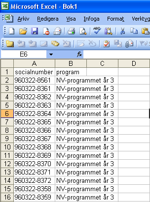 4. Välj program. 5. Välj omfattning. 6. Spara. 7. Fortsätt med nästa elev i listan. 14.2. Export/import 1. Öppna ett nytt Excel-dokument. 2. Skriv in socialnumber i första rutan och program i andra.